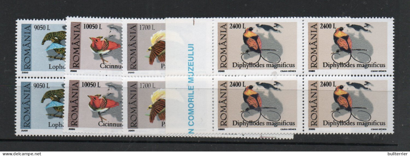 BIRDS  -  ROMANIA - 2000 - BIRDS OF PARADISE  SET OF 4 IN BLOCKS OF 4  MINT NEVER HINGED, SG CAT £23.60 - Columbiformes