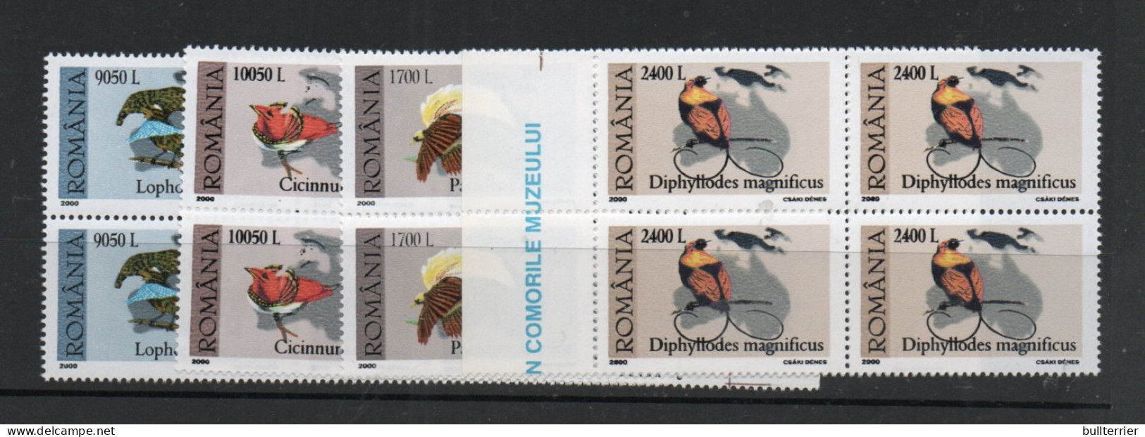 BIRDS  -  ROMANIA - 2000 - BIRDS OF PARADISE  SET OF 4 IN BLOCKS OF 4  MINT NEVER HINGED, SG CAT £23.60 - Pigeons & Columbiformes