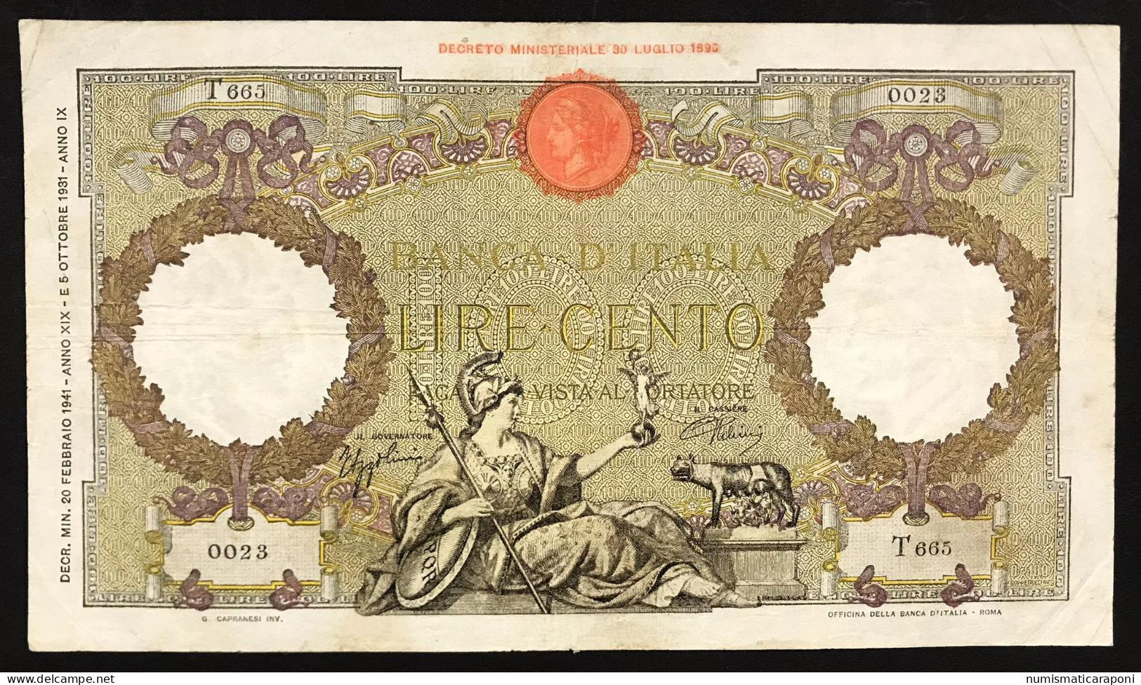 100 LIRE ROMA GUERRIERA FASCIO ROMA 20 02 1941 BIGLIETTO Naturale Q.BB Forellini  LOTTO 447 - 100 Liras