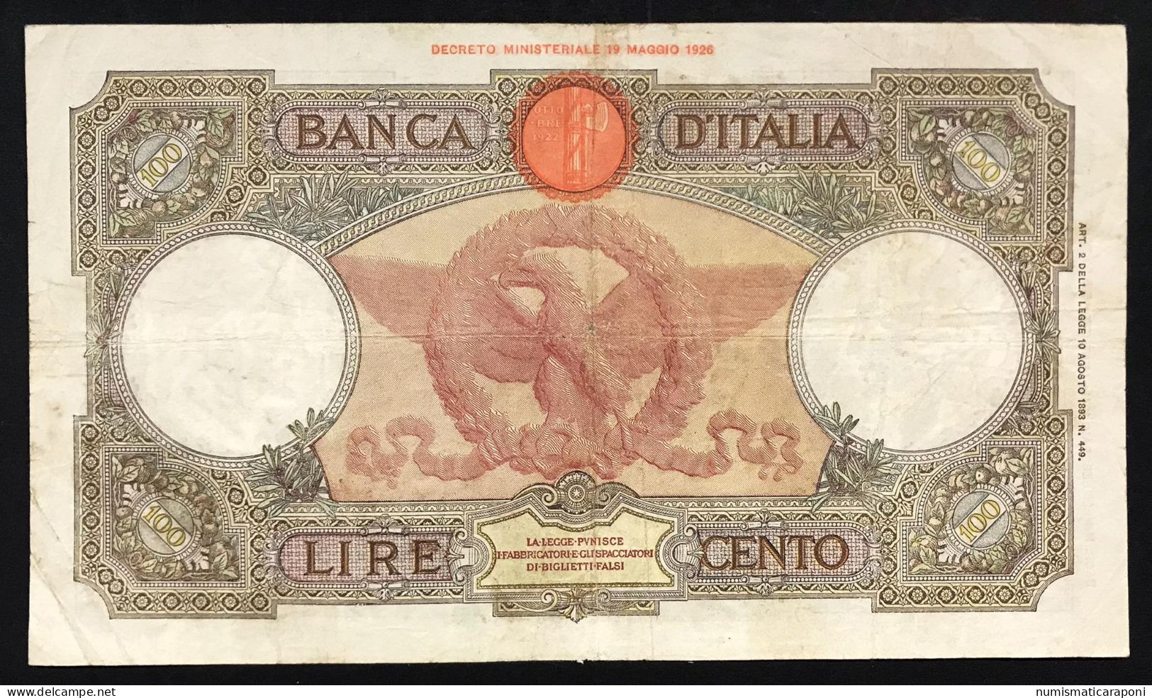 100 LIRE ROMA GUERRIERA FASCIO ROMA 20 02 1941 BIGLIETTO Naturale Q.BB Forellini  LOTTO 447 - 100 Liras