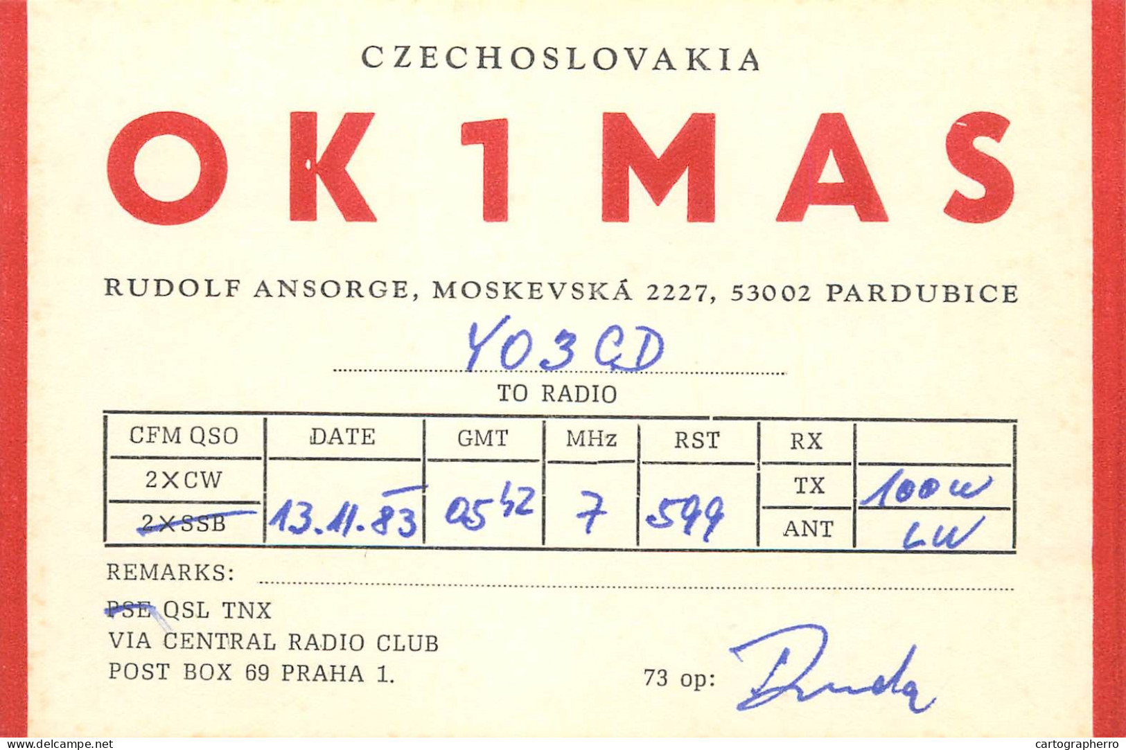 QSL Card Czechoslovakia Radio Amateur Station OK1MAS Y03CD 1983 - Amateurfunk