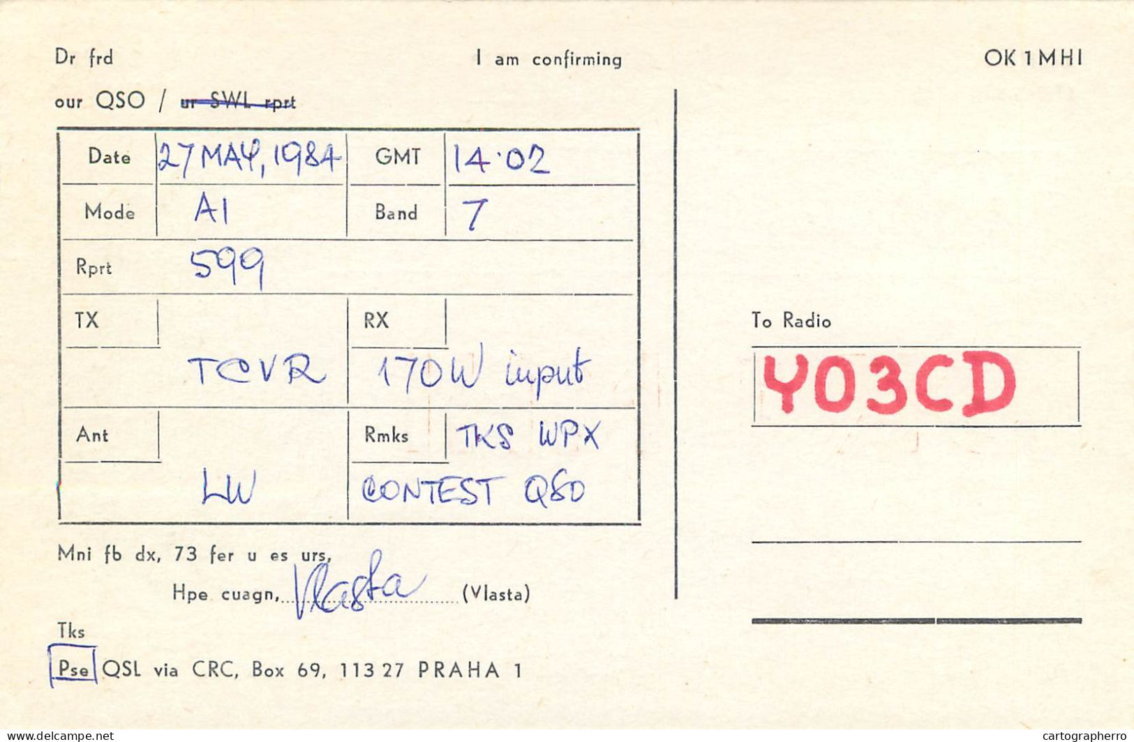 QSL Card Czechoslovakia Radio Amateur Station OK1MHI Y03CD 1984 Vlasta - Radio Amateur