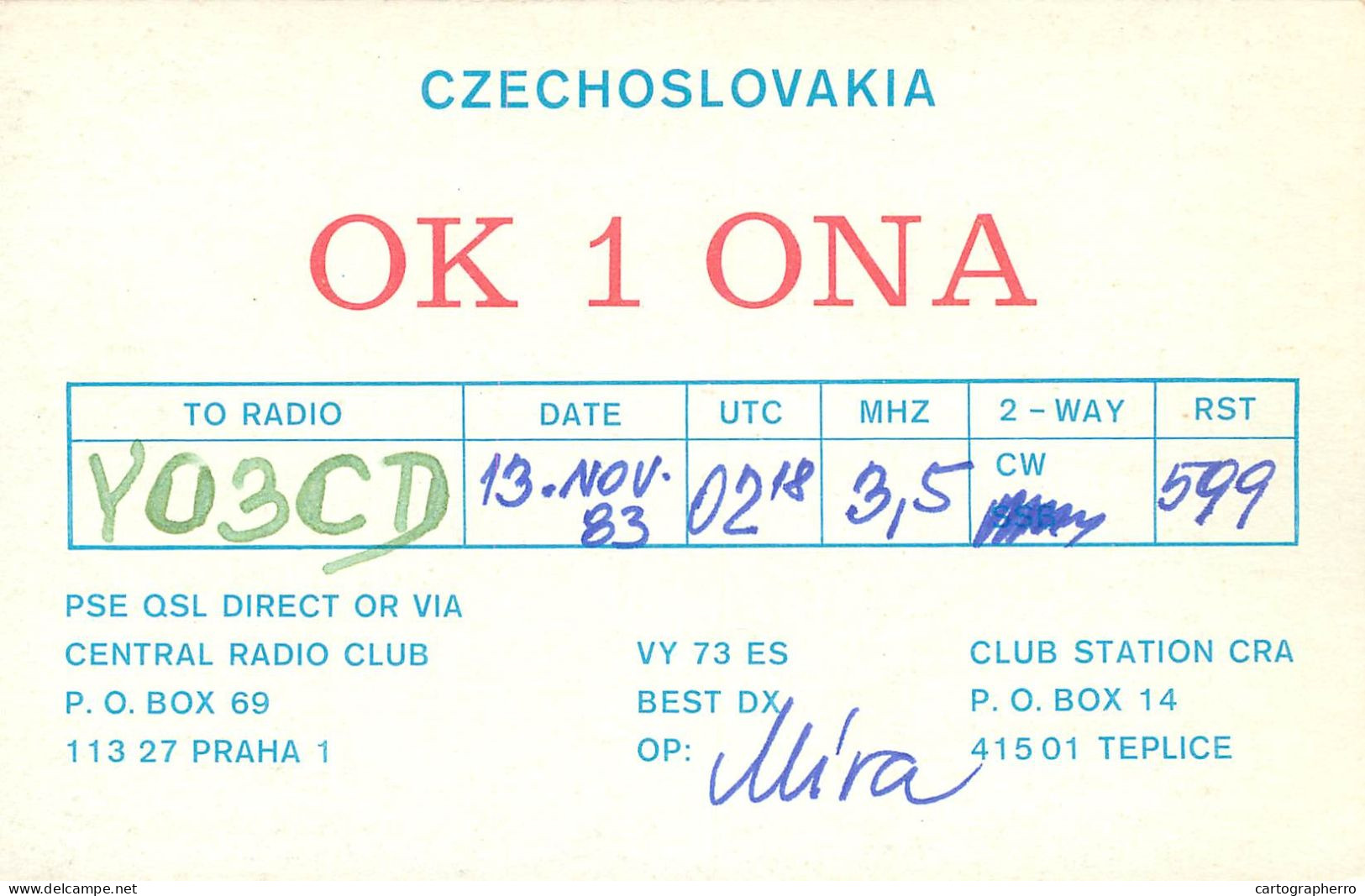 QSL Card Czechoslovakia Radio Amateur Station OK1ONA Y03CD 1983 Mira - Radio Amateur