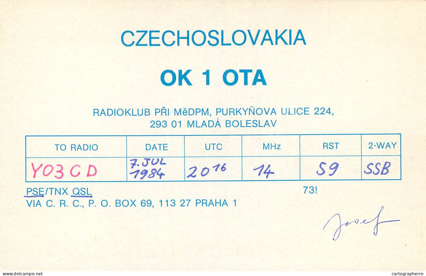 QSL Card Czechoslovakia Radio Amateur Station OK1OTA Y03CD 1984 Josef - Radio Amateur