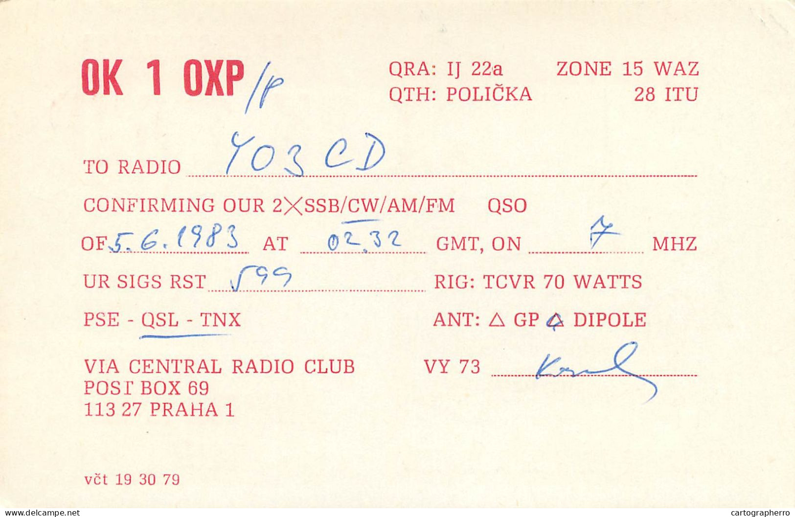 QSL Card Czechoslovakia Radio Amateur Station OK1OXP Y03CD 1983 - Radio Amateur