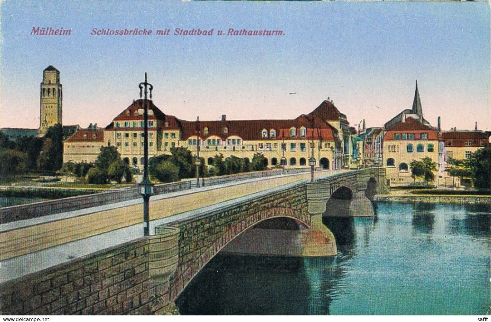 AK Mülheim, Schlossbrücke Mit Stadtbad Und Rathausturm 1923 - Mülheim A. D. Ruhr