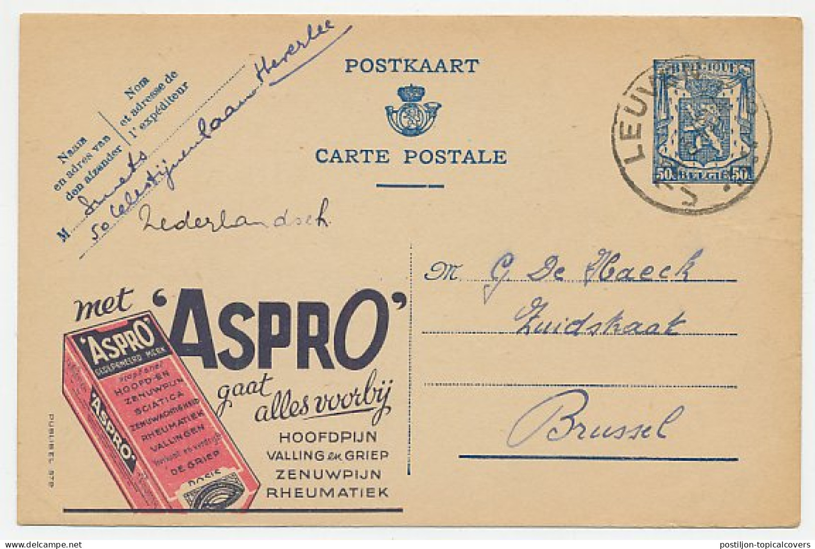 Publibel - Postal Stationery Belgium 1944 Medicine - Aspro - Pharmacy