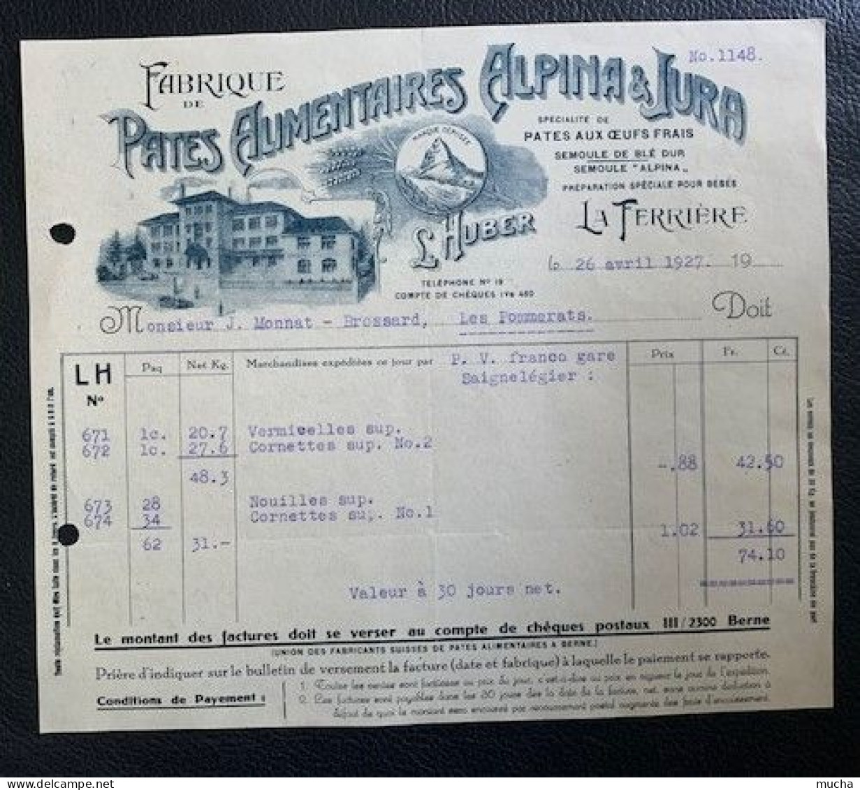 70148 - Facture Illustrée Pates Alimentaires Alpina & Jura La Ferrière 26.04.1922 - Suisse