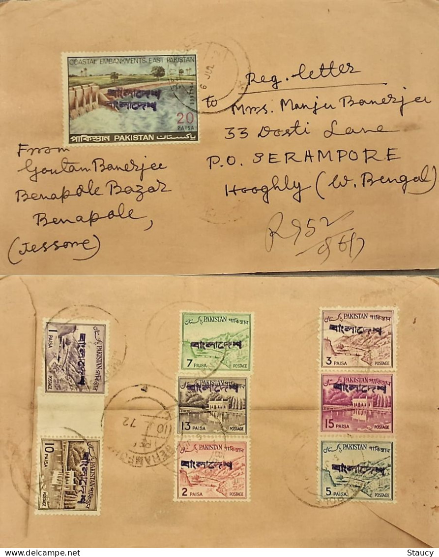 PAKISTAN BANGLADESH 1972 REGISTERED MULTIPLE Overprint FRANKING COVER Benapole To Serampore INDIA As Per Scan - Bangladesh