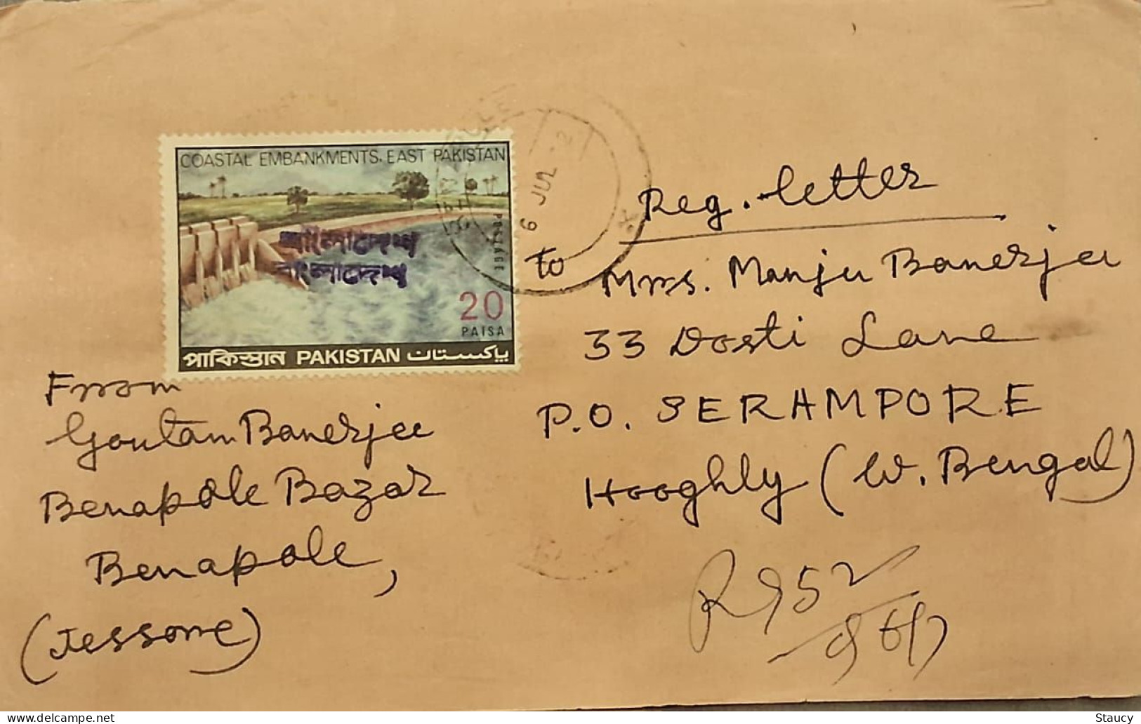 PAKISTAN BANGLADESH 1972 REGISTERED MULTIPLE Overprint FRANKING COVER Benapole To Serampore INDIA As Per Scan - Bangladesh