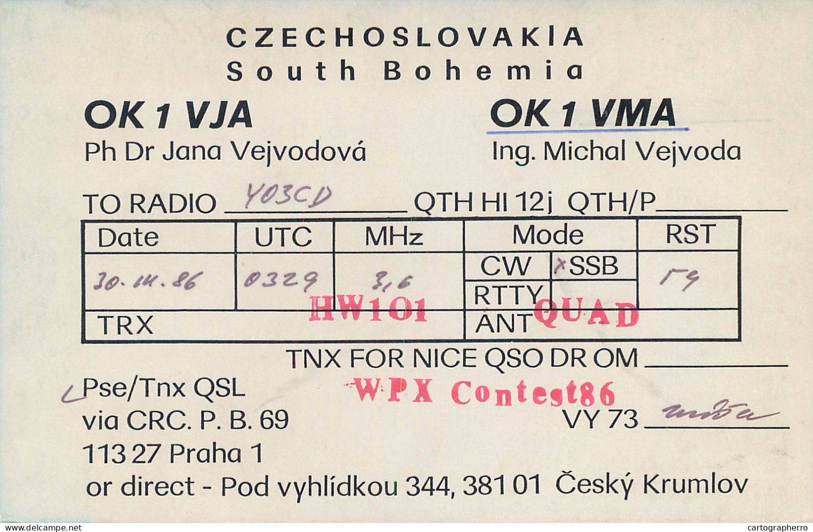 QSL Card Czechoslovakia Radio Amateur Station OK1VJA Y03CD 1986 Jana - Radio Amateur