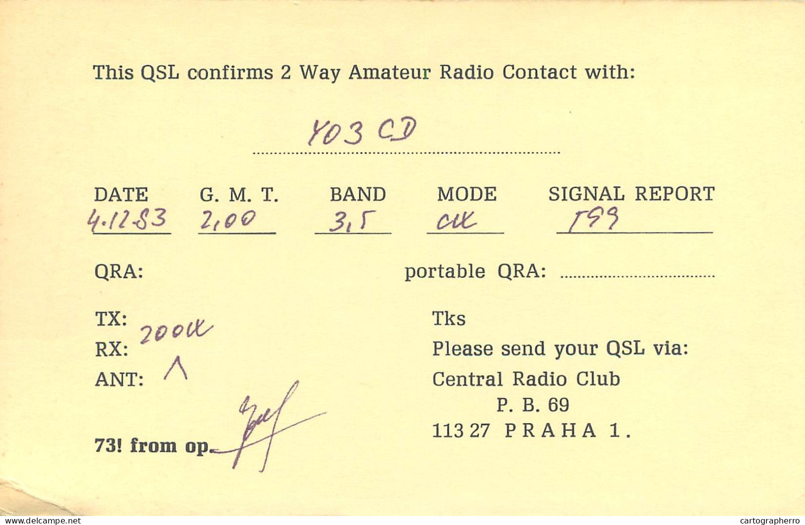 QSL Card Czechoslovakia Radio Amateur Station OK1XC Y03CD - Radio Amateur