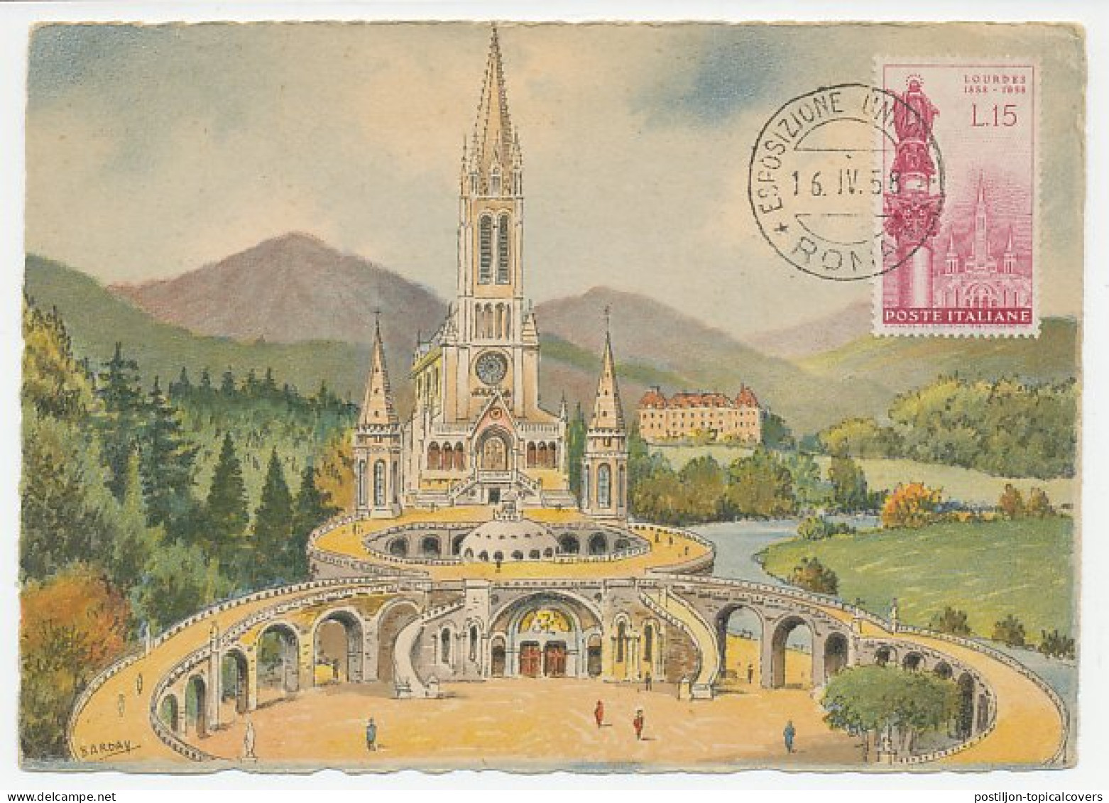 Maximum Card Italy 1958 Basilica Of Lourdes - Kerken En Kathedralen