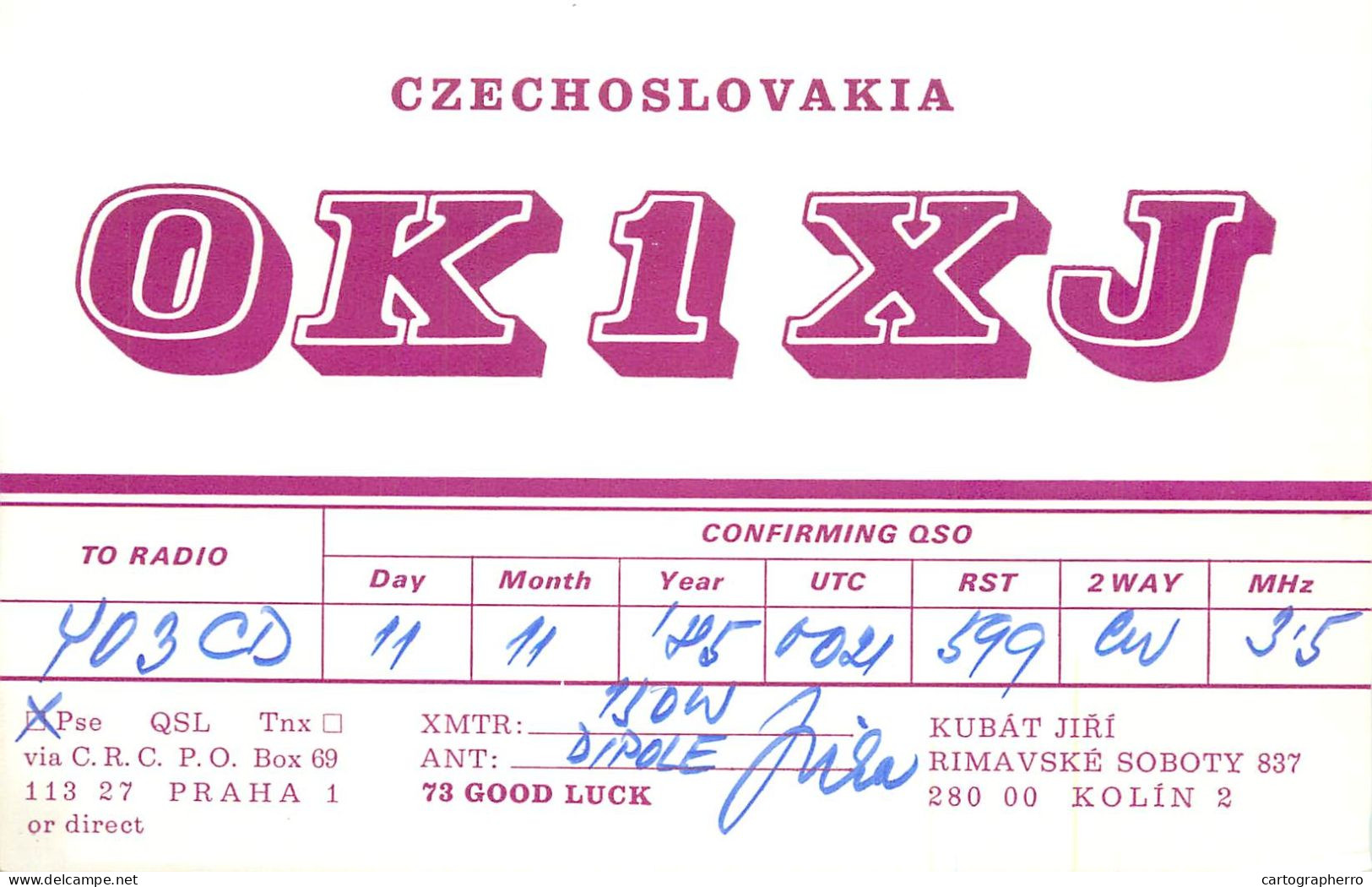 QSL Card Czechoslovakia Radio Amateur Station OK1XJ Y03CD - Radio Amateur