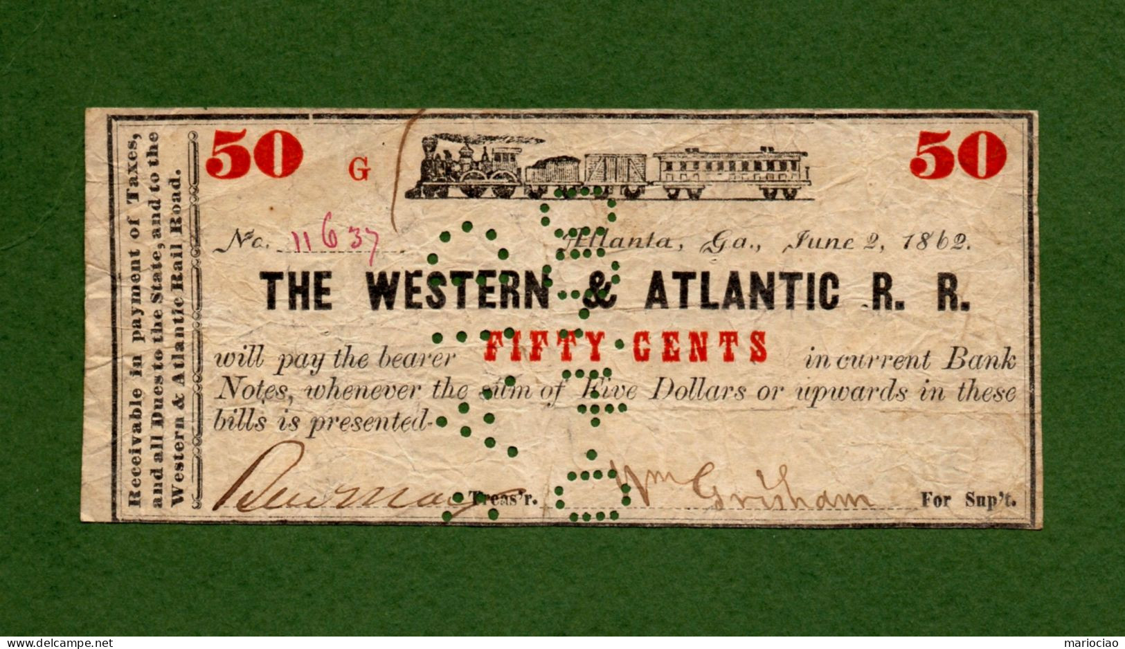 USA Note CIVIL WAR ERA The Western & Atlantic R. R. 50 Cents 1862 Atlanta, Georgia Black-Train - Valuta Van De Bondsstaat (1861-1864)