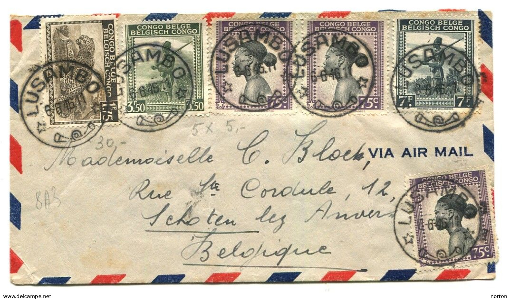 Congo Lusambo Oblit. Keach 8A3 Sur C.O.B. 256 (x3) + 259 + 262 + 265 Sur Lettre Vers Schoten Le 06/06/1946 - Lettres & Documents