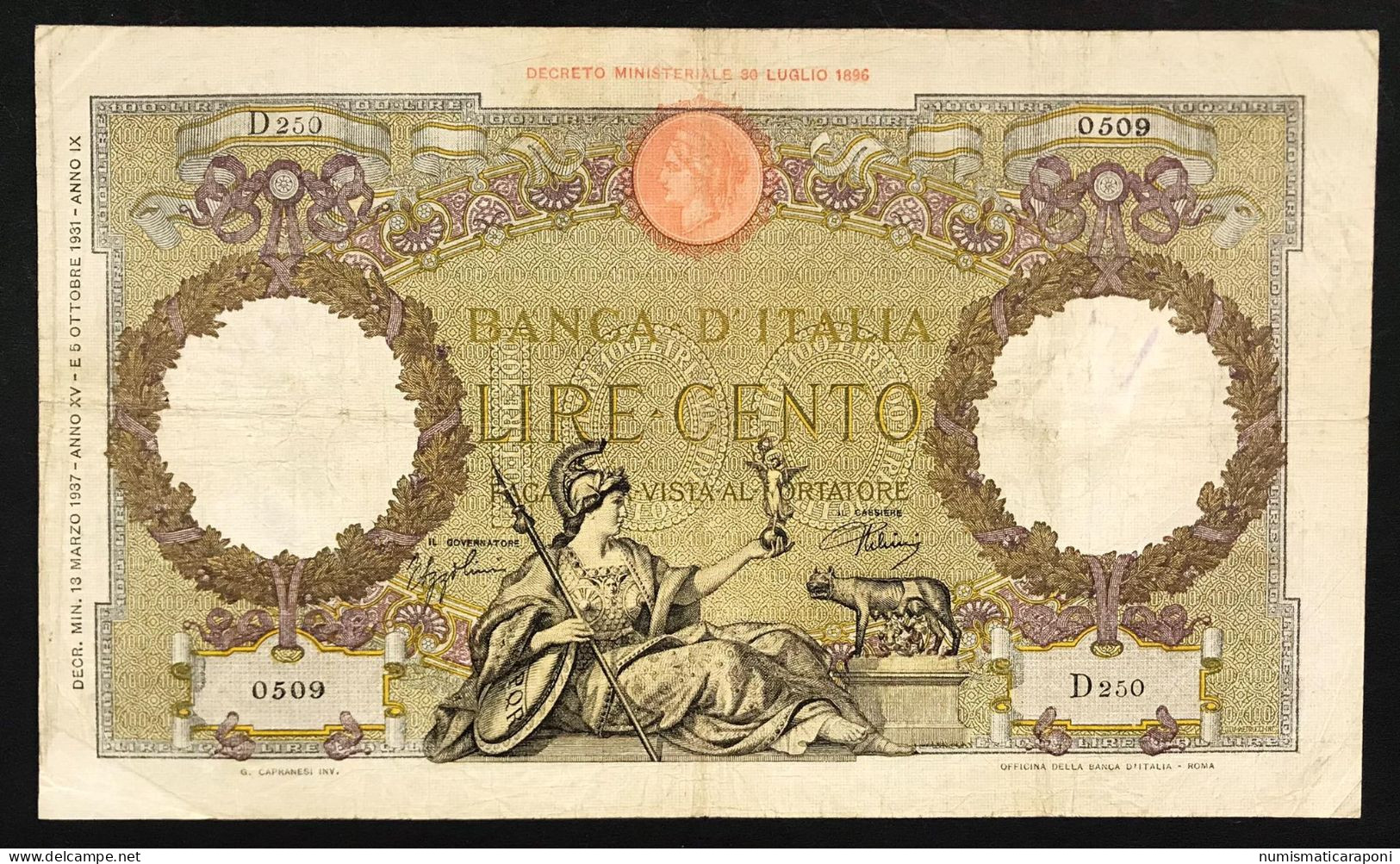 100 Lire Roma Guerriera Fascio Roma 13 03 1937 Scritta Q.bb   LOTTO 456 - 100 Liras