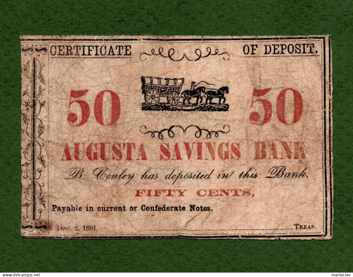 USA Note CIVIL WAR 1861 Augusta Savings Bank GEORGIA Pay 50 Cents In CONFEDERATE Notes COVERED WAGON - Divisa Confederada (1861-1864)