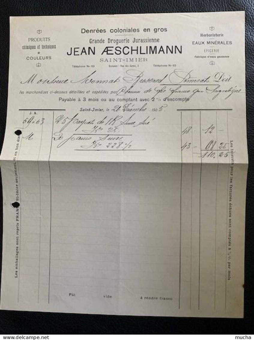 70155 - Facture Jean Aeschlimann Denrées Coloniales En Gros Saint-Imier 26.12.1905 - Suisse