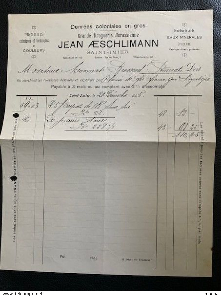 70155 - Facture Jean Aeschlimann Denrées Coloniales En Gros Saint-Imier 26.12.1905 - Suiza