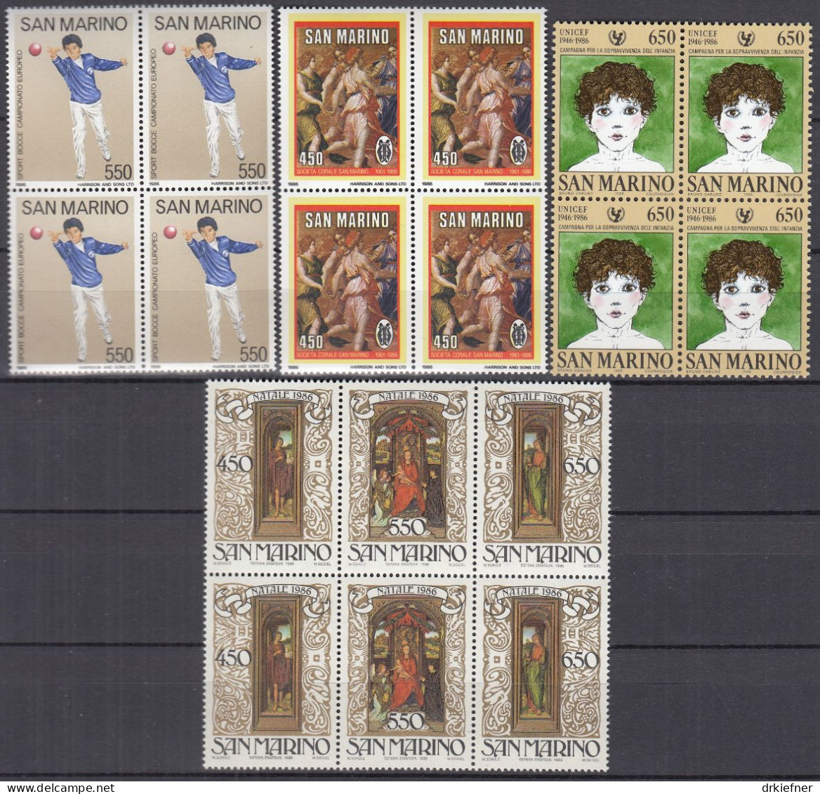 SAN MARINO  1335-1344, 1348-1353, 4erBlock, Postfrisch **, Aus Jahrgang 1986 - Unused Stamps