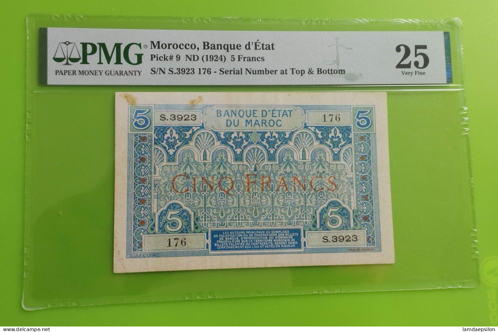 MAROC MOROCCO MARRUECOS MAROKKO BANQUE D'ETAT 5 FRANC 1924 PMG VF - Morocco