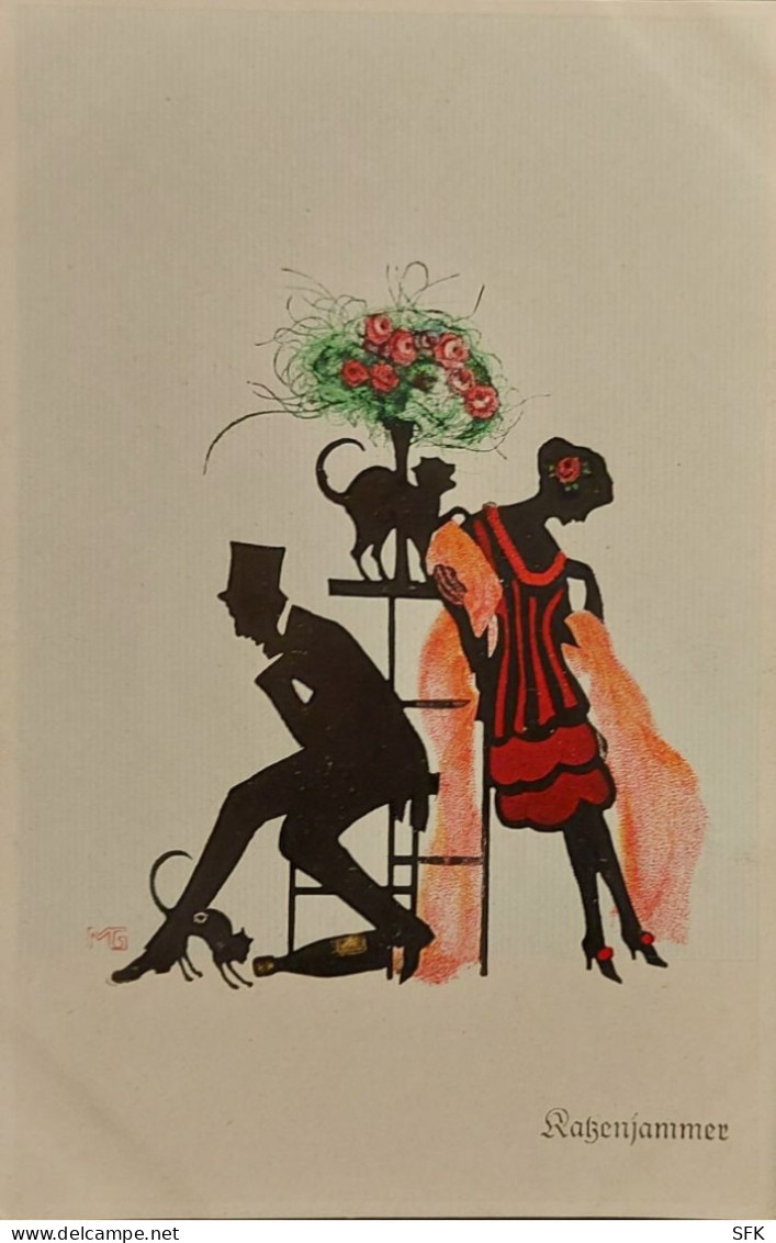 Silhouette Couple With Cat Vintage I- VF 535 - Scherenschnitt - Silhouette