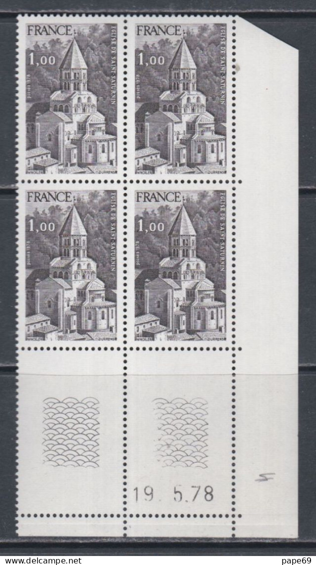 France N° 1998 XX Eglise De St Saturnin En Bloc De 4 Coin Daté Du 19 . 5 . 78 ;  Sans Trait Sans Charnière, TB - 1970-1979