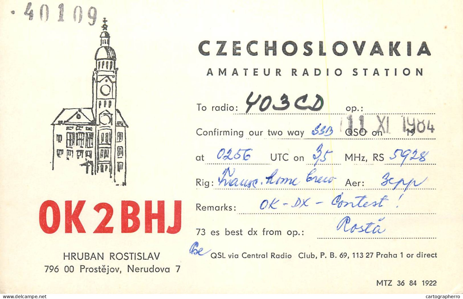 QSL Card Czechoslovakia Radio Amateur Station OK2BHJ Y03CD Rasta - Radio Amateur