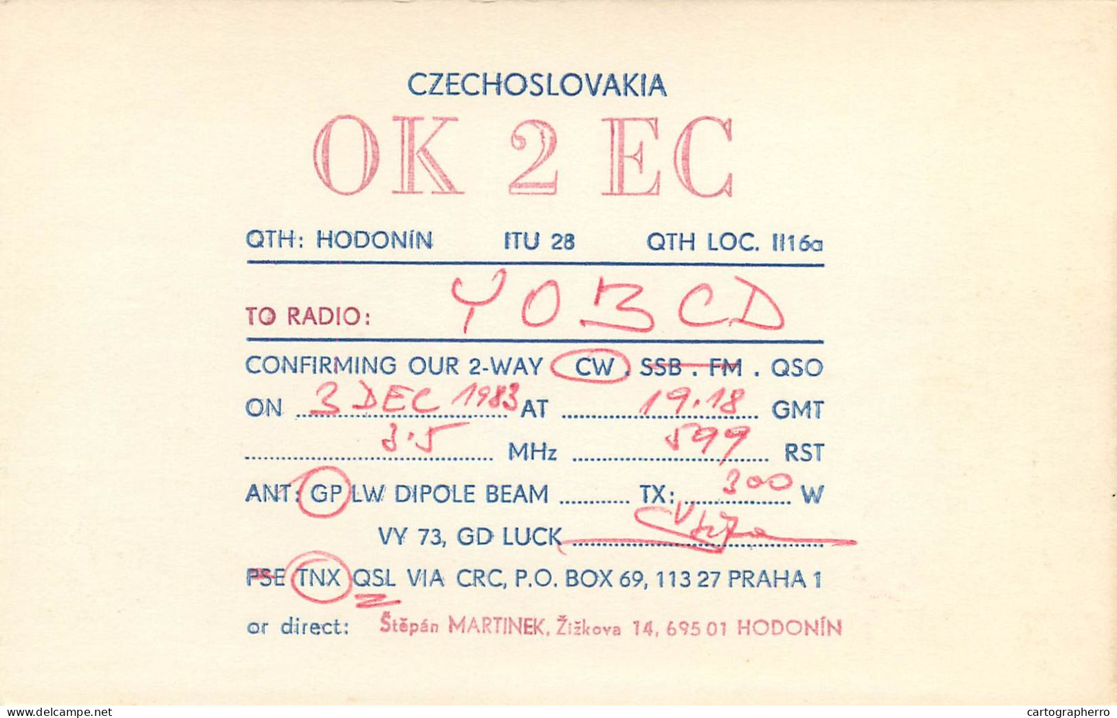 QSL Card Czechoslovakia Radio Amateur Station OK2EC Y03CD Stepan Martinek - Radio Amateur