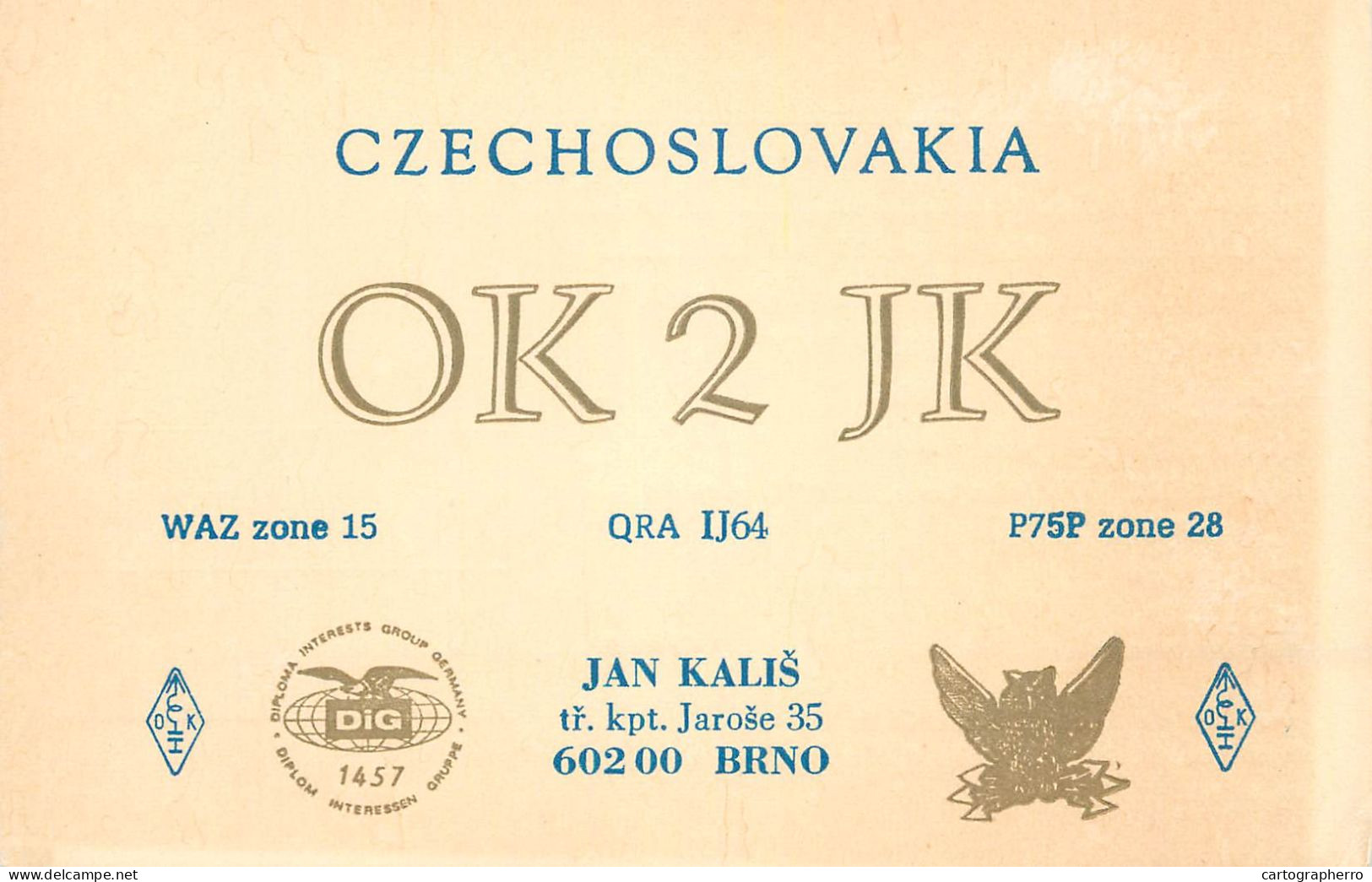 QSL Card Czechoslovakia Radio Amateur Station OK2JK Y03CD Jan Kalis - Amateurfunk