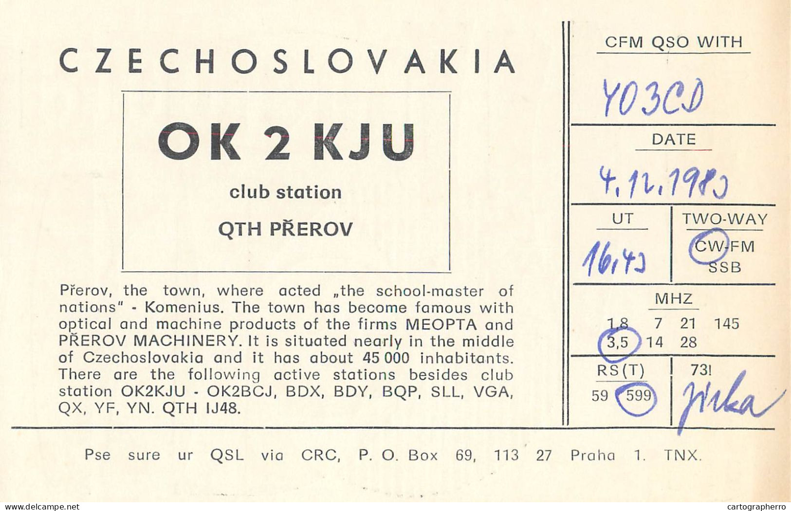 QSL Card Czechoslovakia Radio Amateur Station OK2KJU Y03CD - Radio Amateur