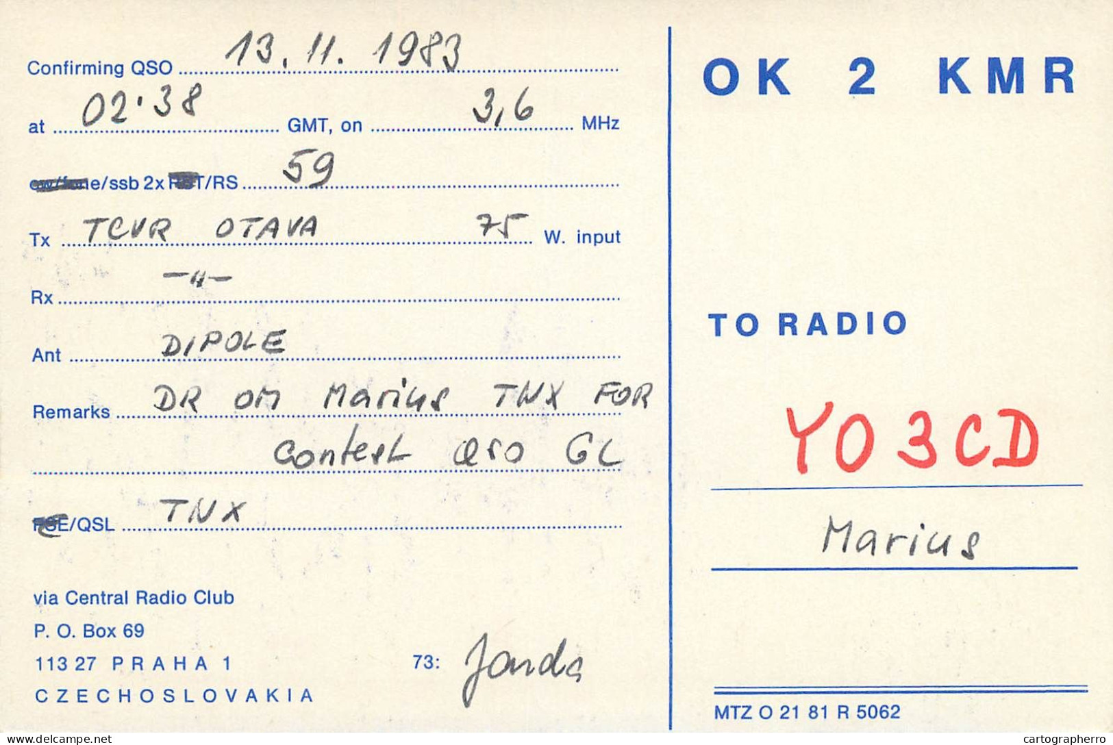 QSL Card Czechoslovakia Radio Amateur Station OK2KMR Y03CD 1983 Janda - Radio Amatoriale