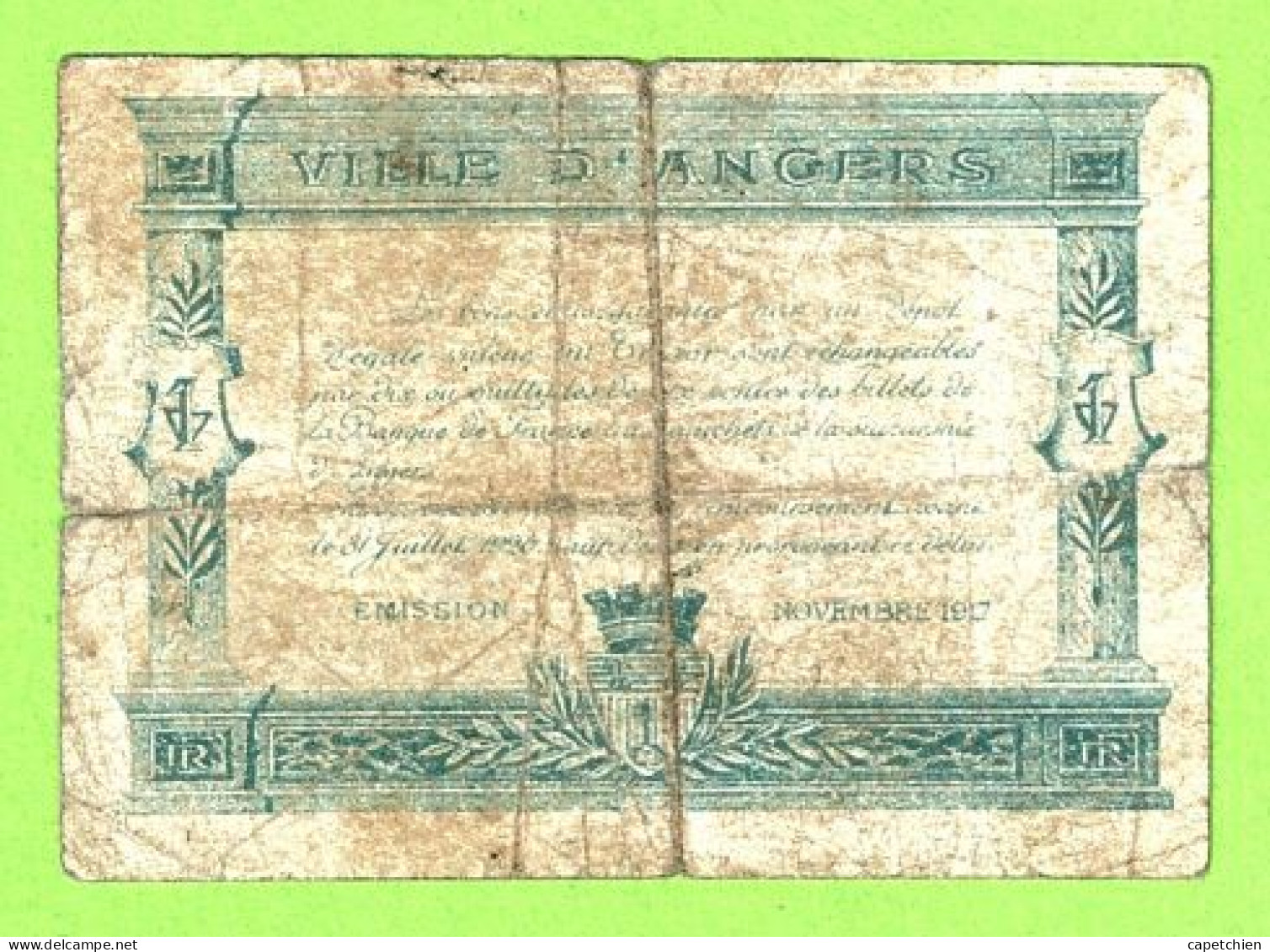 FRANCE / ANGERS / CHAMBRE DE COMMERCE / 25 CENT / NOVEMBRE 1917 - Cámara De Comercio