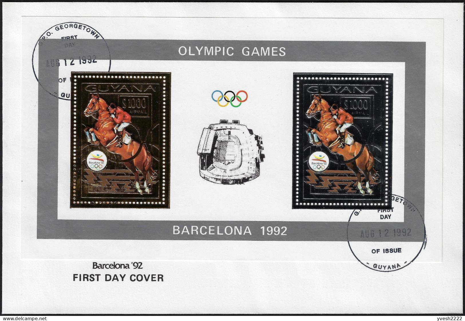 Guyana 1992 Michel 3890 Et 3891 Jeux Olympiques De Barcelone, Feuillet Or Et Argent. Champions Célèbres. Hippisme - Zomer 1992: Barcelona