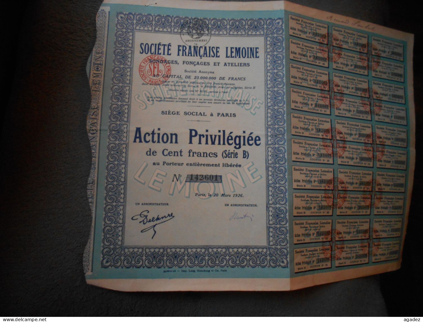 Action Privilégiée " Sté Française Lemoine " Sondages,fonçages Et Ateliers.Paris 1926 - Industrial