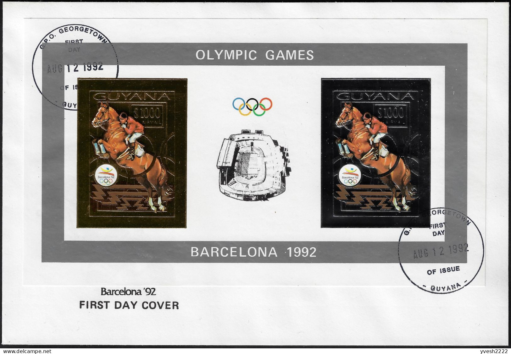 Guyana 1992 Michel 3890B Et 3891B Jeux Olympiques De Barcelone, Feuillet Or Et Argent. Champions Célèbres. Hippisme - Zomer 1992: Barcelona