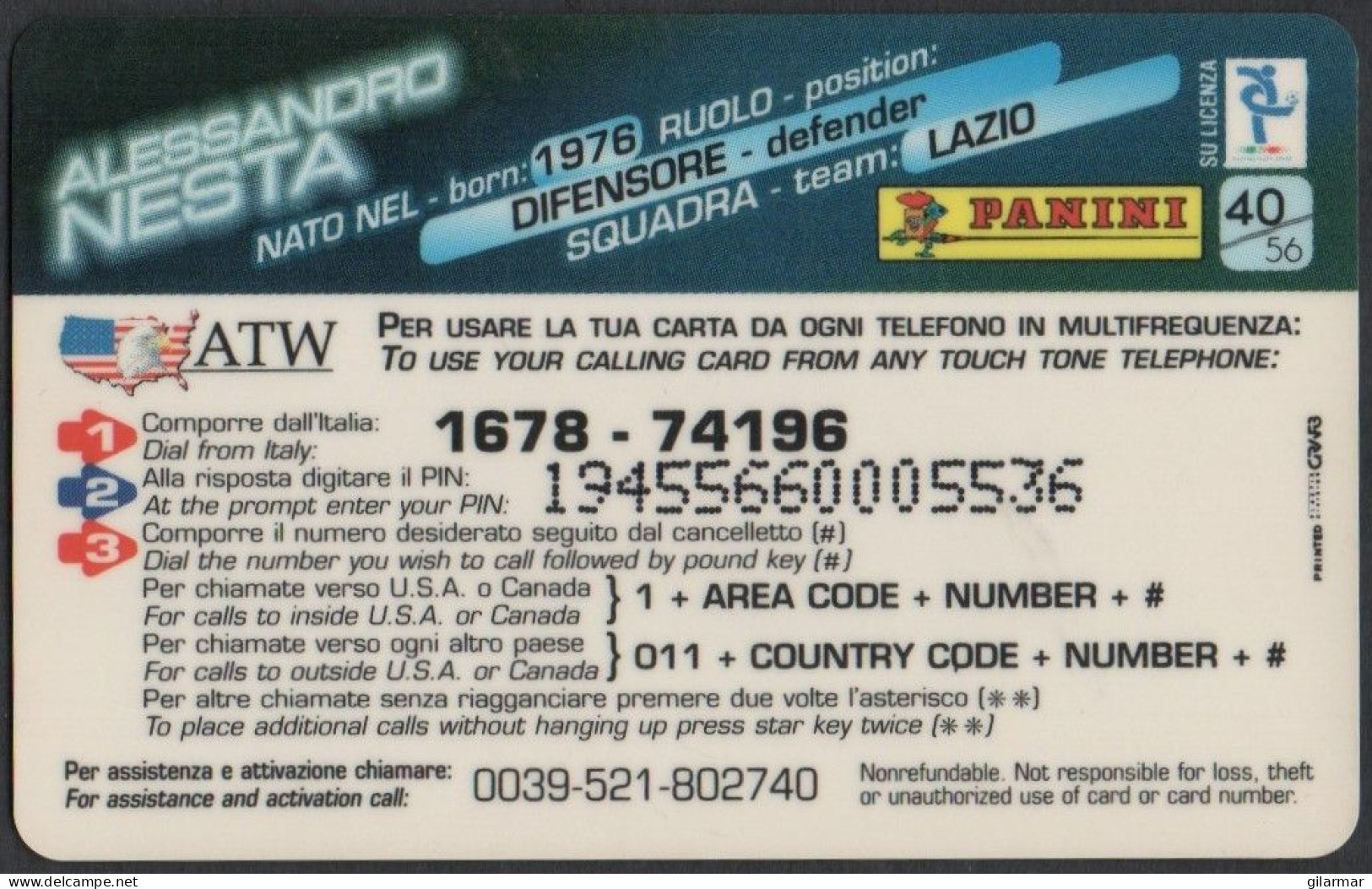 FOOTBALL - PANINI / ATW - PHONE CARD - CALCIO CALLING CARDS 1997/98 - LAZIO: ALESSANDRO NESTA - Deportes