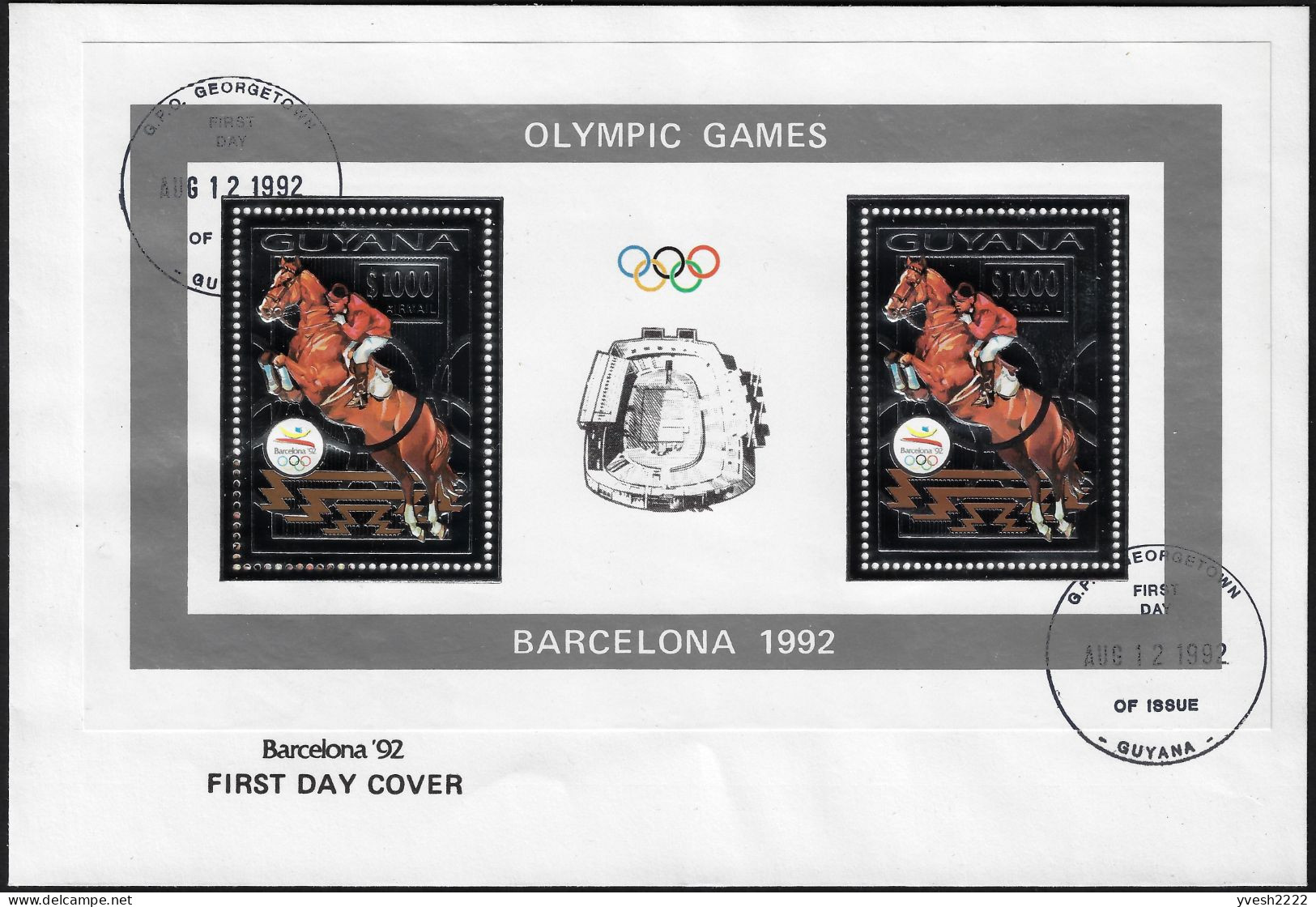 Guyana 1992 Michel 3891 Jeux Olympiques De Barcelone, Feuillet Argent. Champions Célèbres. Hippisme - Zomer 1992: Barcelona