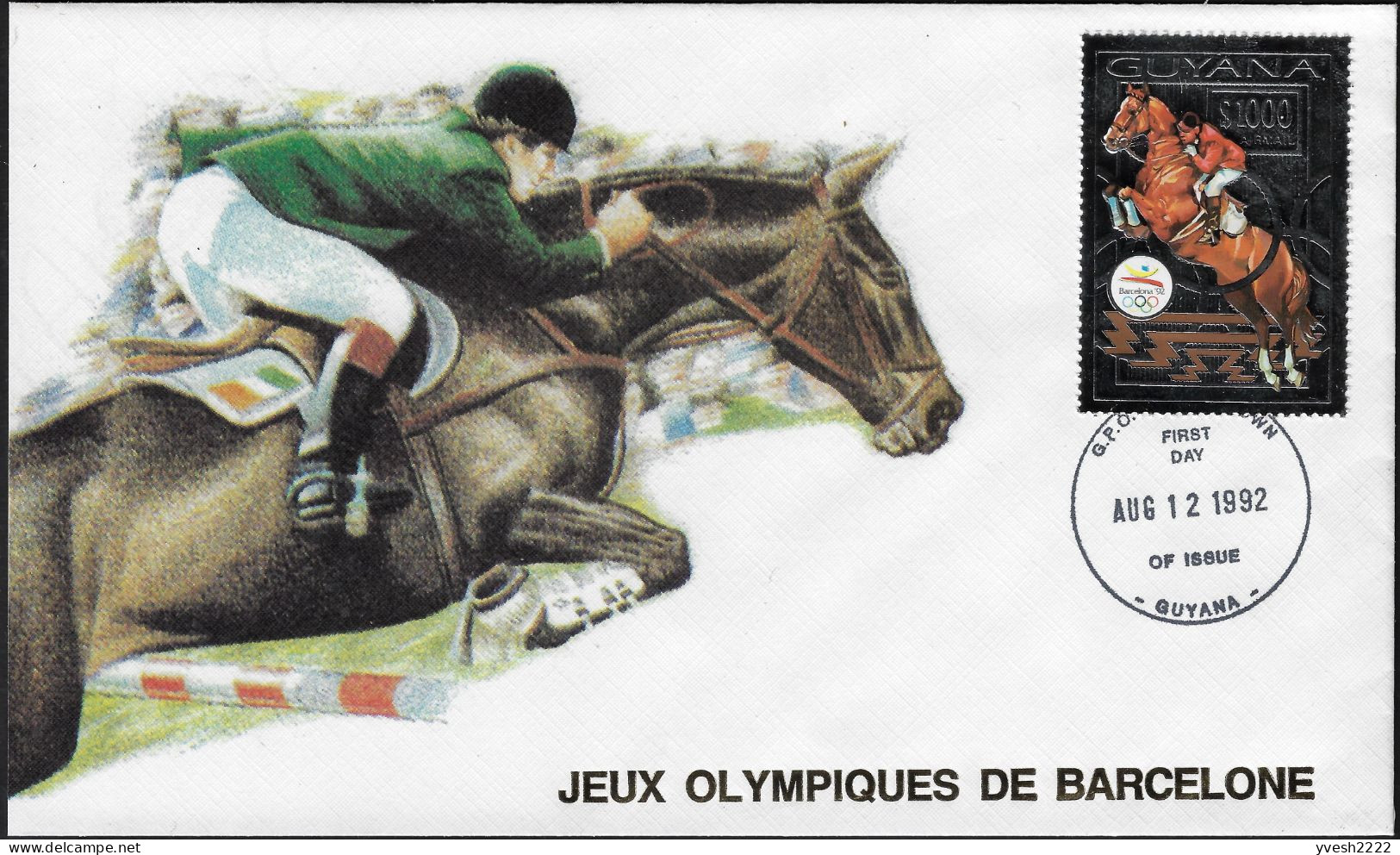 Guyana 1992 Michel 3891 Jeux Olympiques De Barcelone, Timbre Argent. Champions Célèbres. Hippisme - Zomer 1992: Barcelona