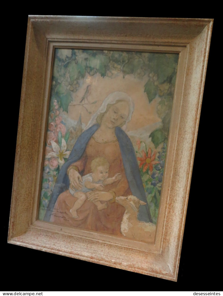 Aquarelle Gouachée Sur Traits De Crayon Signée ; Figurant  La Vierge Et L'Enfant. - Acquarelli