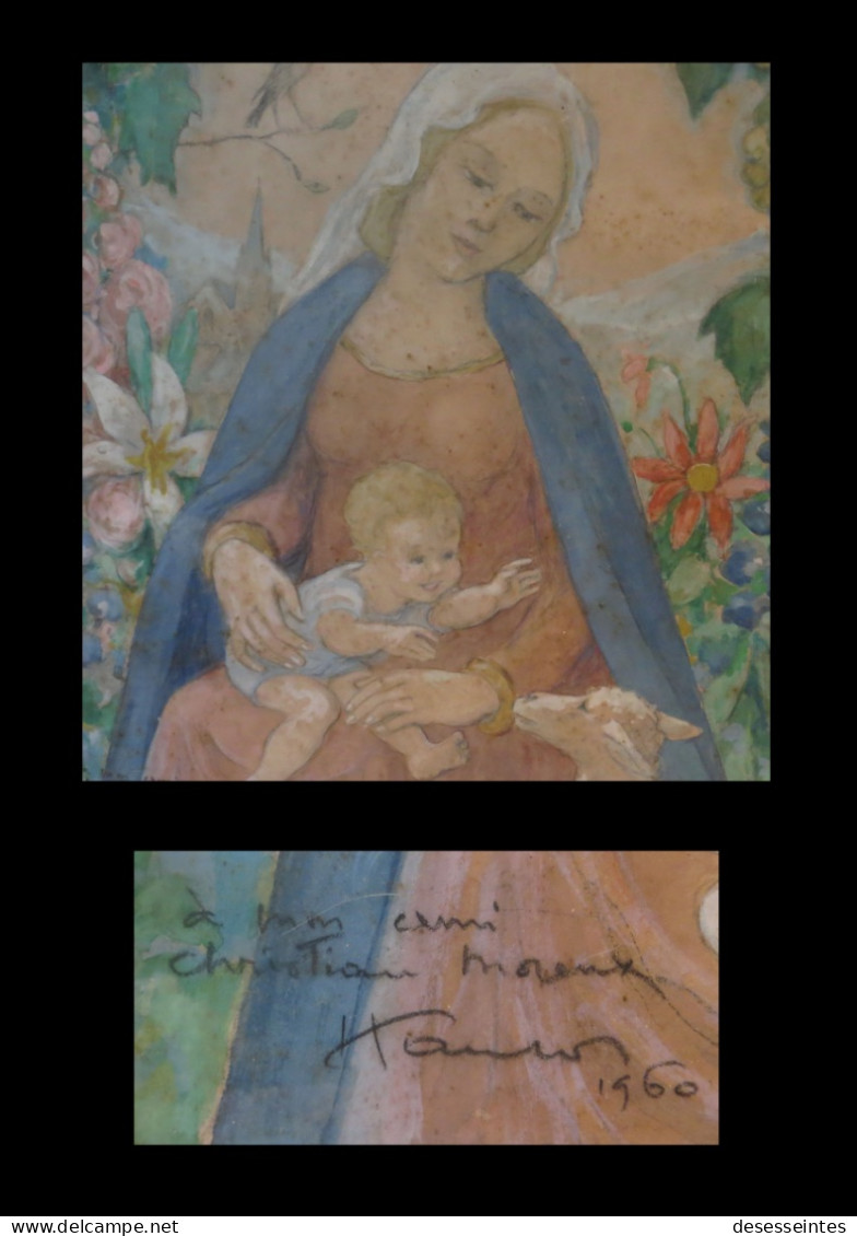 Aquarelle Gouachée Sur Traits De Crayon Signée ; Figurant  La Vierge Et L'Enfant. - Wasserfarben