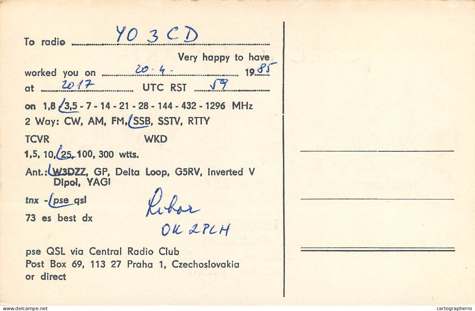 QSL Card Czechoslovakia Radio Amateur Station OK2KWU Y03CD 1985 - Radio Amateur