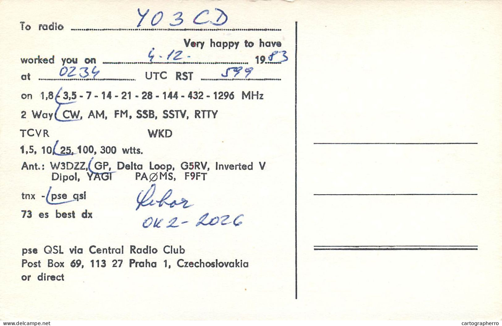 QSL Card Czechoslovakia Radio Amateur Station OK2KOZ Y03CD 1983 Libor - Radio Amateur