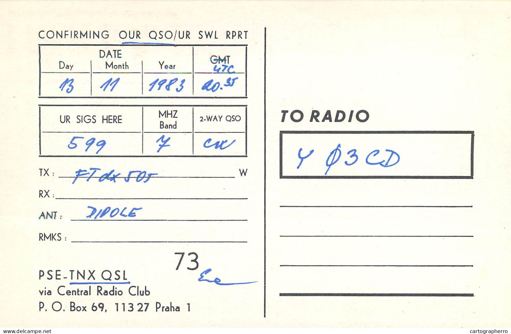 QSL Card Czechoslovakia Radio Amateur Station OK2KWI Y03CD 1983 - Radio Amateur