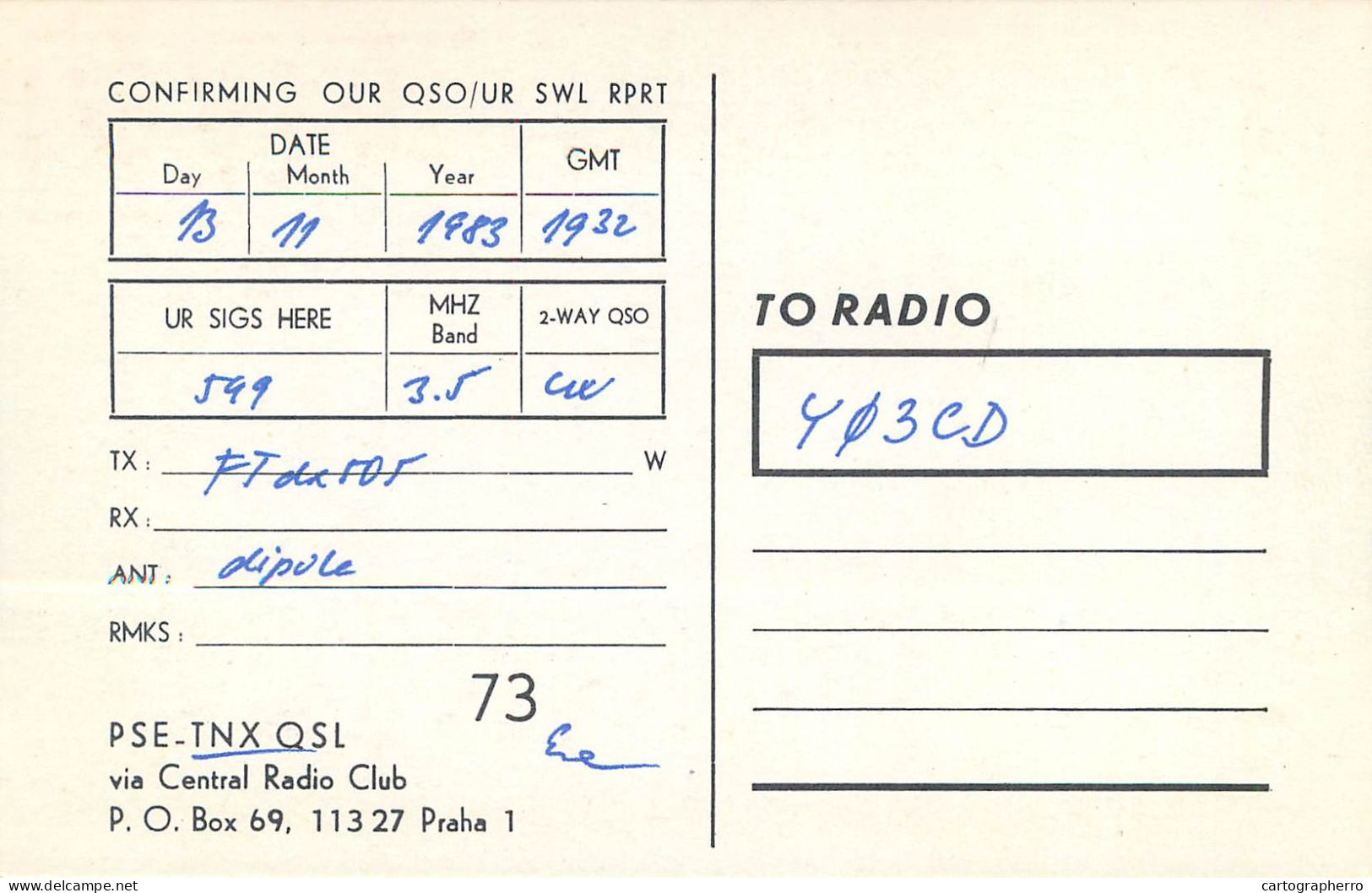 QSL Card Czechoslovakia Radio Amateur Station OK2KWI Y03CD 1983 - Radio Amateur