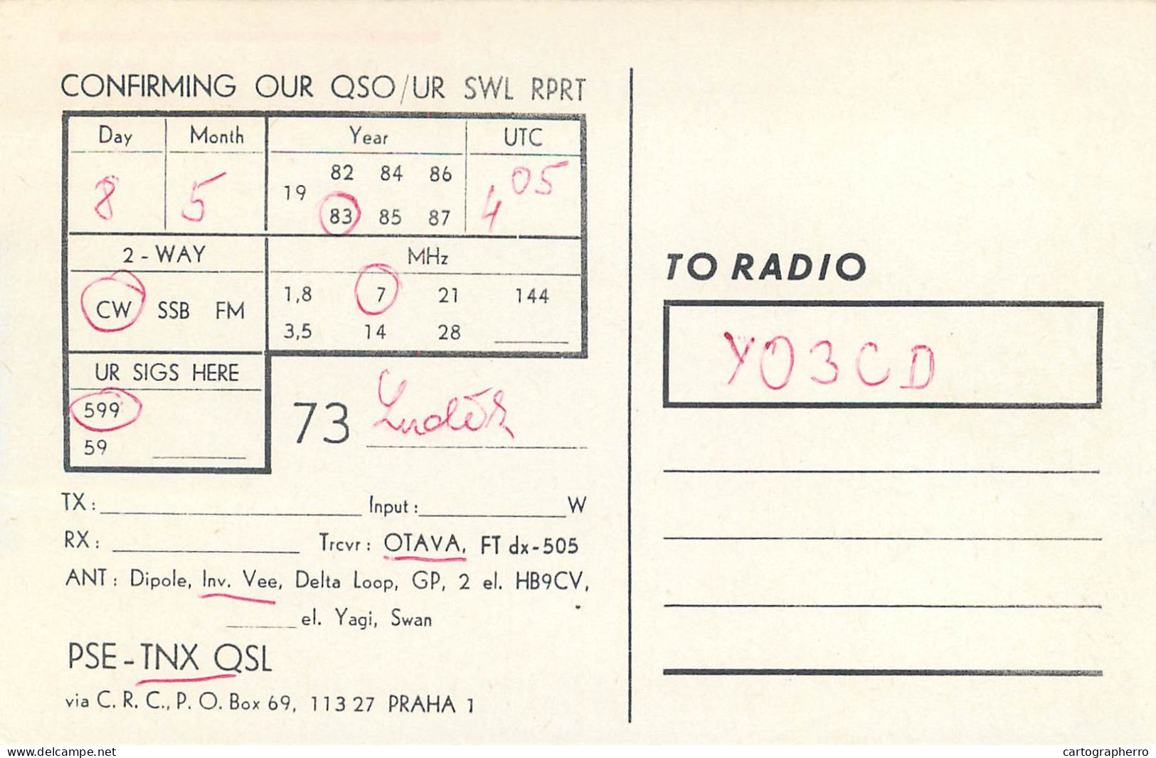 QSL Card Czechoslovakia Radio Amateur Station OK2KWI Y03CD 1983 - Radio Amateur