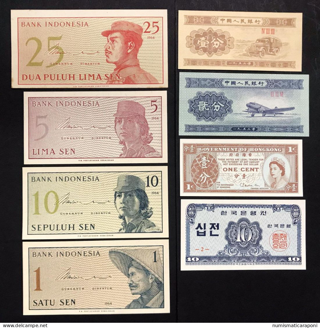 Corea Indonesia Cina Hong Kong 8 Banconote Lotto 430 - Corée Du Sud