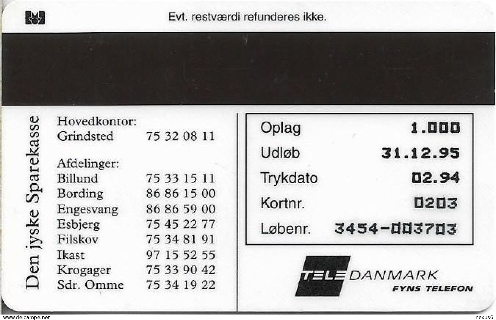 Denmark - Fyns - TDFP023B - Sparekasse - Den Jyske Sparekasse - TDFP023B - 02.1994, 10kr, 1.000ex, Used - Danemark