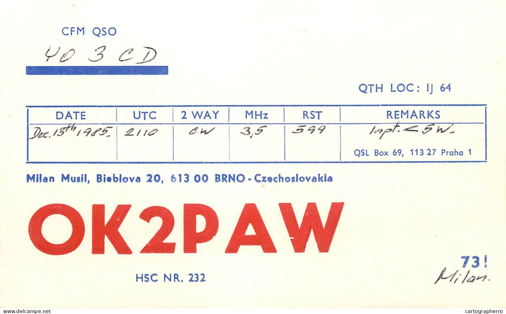 QSL Card Czechoslovakia Radio Amateur Station OK2PAW Y03CD 1985 - Radio Amateur